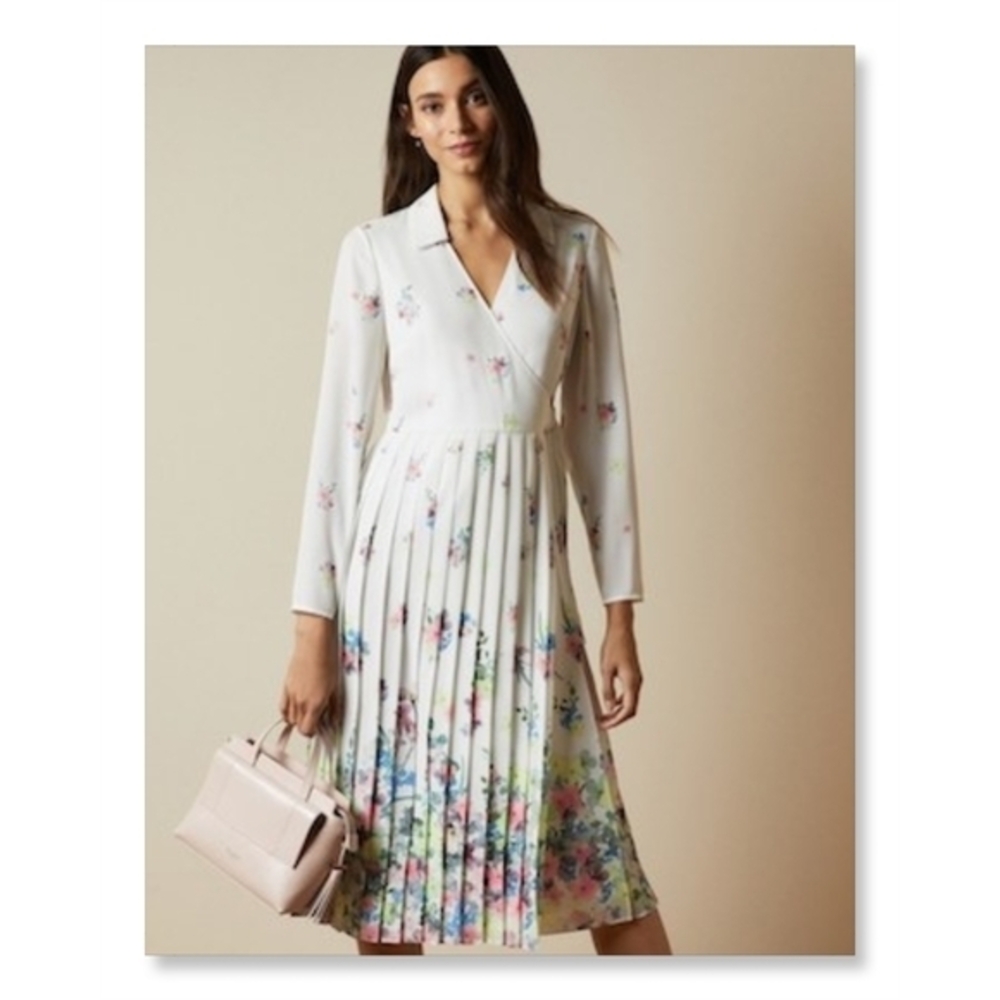 Ted Baker White Floral Pleated Long Sleeve Dress